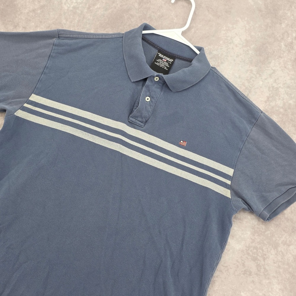 Vintage Polo Ralph Lauren Striped Polo Shirt Jeans Co Navy Blue Large USA Flag